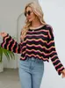 Women's Sweaters Fitshinling Wave Stripes Flare Sleeve Sweater 2023 Hollow Out Slim Pullover Knitwears Fashion Jumper Tops In