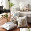 Coussin/Coussin Décoratif Coussin Pastorale Brodé Er 45X45Cm Paon Papillon Blanc Coussins Décoratifs Boho Toile De Coton Cas D Dhhic