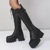 Stivali Y Knee High Boot Platform Teli PU Leather Black Retro Punk Long Female Lace Up Shoes 230818