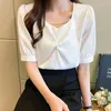 Polos femmes été haut pour femme perles col en v en mousseline De soie Blouse chemise Blusas Mujer De Moda 2023 Verano Blouses à manches courtes F459