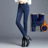 Jeans femme Vintage élastique taille haute épais Vaqueros maman pantalon slim décontracté polaire Denim pantalon hiver bleu velours chaud femmes