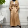 Etnisk klädfjäder Satin Eid Mubarak Open Abaya Women Muslim Cardigan Maxi Dresses Kimono Dubai Kaftan Arab Islamic Ramadan Jilbab