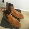 Boots High End Handmade Luxury Slim Slip On Brown Chelsea Men Point Toed Wedge Comfortable Causal Denim 230818