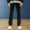 Mäns jeans raka ben denim byxor streetwear för män smala fit rippad mid-rise-knapp med burr kant