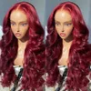 Burgundia 99J 13x4 Fala ciała koronkowa przednia ludzka peruka włosów Brazylijska czerwona peruki dla kobiet przez przezroczystą koronkową perukę HD HD