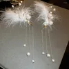 Backs Earrings Fashion White Feather Clip Elegant Pearl Long Tassel Ear Cuff Jewelry Gift Simple Climber Wrap Drop