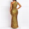 Платья уличного стиля роскошные золотые рефлексивные сексуальные блестки платье женщины один шип плюс размер элегантные дамы Bodycon Long Вечерняя часть DHQN5