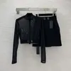 Vestidos de trabajo Llegada WomenSexy Malla negra Top de manga larga de cintura alta Falda acampanada Conjuntos de 2 piezas Traje informal