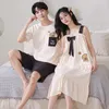 Vêtements de nuit pour femmes été Couple coréen femmes hommes pyjamas ensemble coton Pijama costume dame chemise de nuit col rond lâche amant pyjama nuit