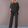 Women's Two Piece Pants 2Pcs/Set Elegant Off Shoulder Irregular Batwing Sleeve Tops Sling Straight Wide Leg Long Jumpsuit Solid Color Office