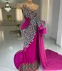 2023 sierpnia Aso Ebi Fuchsia Mermaid Sukienka PROM Kryształy Seksowne wieczór Formalne przyjęcie Drugie przyjęcie urodzinowe suknie zaręczynowe sukienki szat de soiree ZJ796