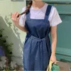 Casual Dresses 2023 Summer Preppy Style Strap Denim Dress Women Small Fresh Lace Up Loose A-line