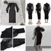 Basic Casual Dresses Mesh Puff Long Sleeve Bodycon Midi Women High Neck Sexy Clubwear Split Pencil Black Slim Womens Party Robe 22 Dhmcq