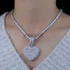 Pendant Necklaces New Can Be Opened Heart-shaped Photo Pendant Necklace Iced Out Bling Hearts Chain Cubic Zirconia Charm Fashion Women Men Jewelry J230819