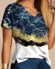 Damen-Trailsanzuiten 2023 Frauen Marmor Print Colorblock Top Draw String Shorts Set Summer v Hals Kurzarm Casual Pullover T-Shirts weiblich