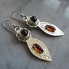 Dangle Earrings Vintage Tapered Metal Hand Engraved Pattern Fashion Silver Plated Inlaid Red Stone Drop Women