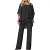 Women's Two Piece Pants 2Pcs/Set Elegant Off Shoulder Irregular Batwing Sleeve Tops Sling Straight Wide Leg Long Jumpsuit Solid Color Office