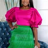 Kvinnors blusar eleganta rosa blusskjortor Kvinna Rund nacke Lantern Sleeve Slim High Quality Luxury Birthday Party Dinner Wear Tops