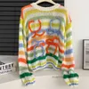 Frauenpullover Langarm Mohair Vintage Pullover Frau Winter Crewneck Wolle Regenbogenstreifen Strick -Design Kleidung J374