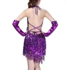 Stage Wear Women Summer Lace Sexy Sequined Sling Halter Latin Dance Dress Tassel Costume Mini 2023 Est