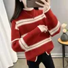 Women's Sweaters Black And White Stripe Sweater Streetwear Loose Tops Women Pullover Female Jumper Long Sleeve Mock Neck Knitted Ribbed