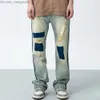 Мужские брюки High Street Tide Brand American Vintage Patch Deat Jeans Men's Love Contrast Straight Level Hepant Z230819