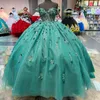 Изумрудно -зеленая блестящая принцесса Quinceanera платье с мячом с плечами кристаллы цветочные цветы сладкое 15 платья для вечеринки vestidos de 15