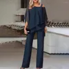 Women's Two Piece Pants 2Pcs/Set Elegant Off Shoulder Irregular Batwing Sleeve Tops Sling Straight Wide Leg Long Jumpsuit Solid Color Office