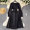 Casual Dresses French Vintage Style Långärmklänning för kvinnor 2023 Spring Autumn Solid O Neck Belled A Line Midi Female Robe Femme