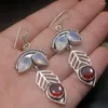 Dangle Earrings Glowing Vintage White Opal Red Garnet Silver Color For Women Ladies Hook Drop 2 1/2 Inch HD849