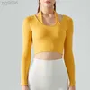 2023 Desginer Al Yoga T Top court Alotop Automne / Hiver Col côtelé Sangle rembourrée à manches longues Faux Deux pièces Slim Fit Sexy Ouvert Umbilicfitness Costume