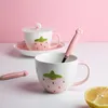 Mugs Cartoon Cute Strawberry Ceramic Water Cups Girly Heart Spoon With Cover Large Capacity Creative Breakfast Cup Drinkware