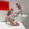 Renes Caovilla Lady Sandalen Rose Bloem verfraaid gele satijnen slang strass Stiletto Heels Dames High Heeled Luxe Designers enkel wraparound avondschoenen