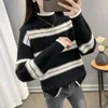 Women's Sweaters Black And White Stripe Sweater Streetwear Loose Tops Women Pullover Female Jumper Long Sleeve Mock Neck Knitted Ribbed