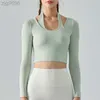 2023 Desginer Al Yoga T Top court Alotop Automne / Hiver Col côtelé Sangle rembourrée à manches longues Faux Deux pièces Slim Fit Sexy Ouvert Umbilicfitness Costume