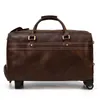 Duffel Bags Män Kvinnor Real Leather Travel Trolley Bag With Wheels Rolling Big Capacity Cowhide Bagage Handväska Weekend Tie Rod resväska