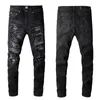 Ny ankomst Men's Blue Slim Fit Streewear Fashion Distressed Skinny Stretch Paited Printing Ribs Patchwork Ripped Jeans 28-40