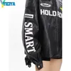 Jackets femininas yiciya bombardeiro woman timestity jaqueta de couro corrido preto bordado motocicleta punk universidade beisebol mangas compridas casaco 230818