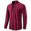 Men's Casual Shirts Men Solid Color Tops Vintage-inspired Slim Fit With Stand Collar Lace-up Detailing For Stylish Look