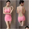 Grundläggande casual klänningar Sexiga kvinnor randage Bandage Micro Mini Ice Silk Sheer Tight Pencil Söt Bodycon Club Backless Dress Candy Color Dhu8r