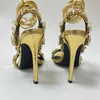 Sandalias doradas sexis con correa en el tobillo para mujer, tacones de Stripper para fiesta en club nocturno, zapatos de boda con punta de diamante de cristal de alta calidad 230807