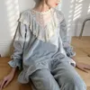 Frauen Nachtwäsche Vintage Winter Dicke Flanellspitzen -Pyjamas Sets elegante weibliche Langarmanzüge gestreift