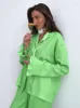 Abbigliamento da donna da donna Hiloc di cotone verde Hiloc Green per le donne increspature a maniche lunghe a due pezzi set singolo in vita alta nel 2023 nel 2023