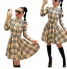 النساء مثير اللباس الطويل الأكمام المصغرة التنانير Stand Twilar Plaid Party Business Dresses Dresses Vestido de Mujer Big Size S-2XL