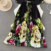 Basic Casual Dresses Spring Women Round Neck Half Sleeve Pleated Dress With Belt Elegant Vestidos Black White Ladies Mid-Length Flower Print Dresses 2024