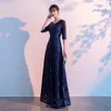 Dark Navy Mother of the Bride Dresses Elegant Long Party Formal Dress Half ärmar LACE-UP BACK GOLV LÄNGD