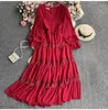 Abiti casual di base Spring Women Women Solid Color Lace Ruffles Cucioni lunghe abiti a maniche lunghe a V-Neck Long Wash Ladies Elegant Vestidos de Mujer 2024