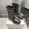 Ontwerper Martin Boots Women Boots High Platform Bruin Lederen Knight Boots Round Toe Chunky Heel Belt Borken Sierschoenen Maat 35-40 met doos