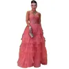 Sexiga balklänningar älskling en linje ärmlös tyll ruffles vattenmelon golvlängd festklänning kväll klänningar 403