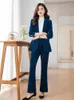 Pantalones de dos piezas para mujer, traje de pantalón azul café para mujer, chaqueta y pantalón para mujer, ropa de trabajo de negocios para mujer, conjunto Formal de 2 para otoño